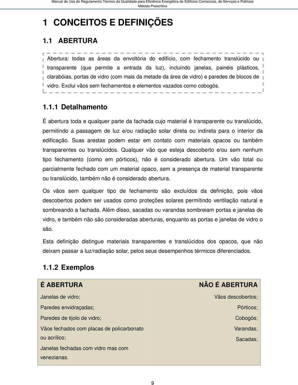 vidro (com mais da metade da área de vidro) e paredes de blocos de vidro. Exclui vãos sem fechamentos e elementos vazados como cobogós. 1.