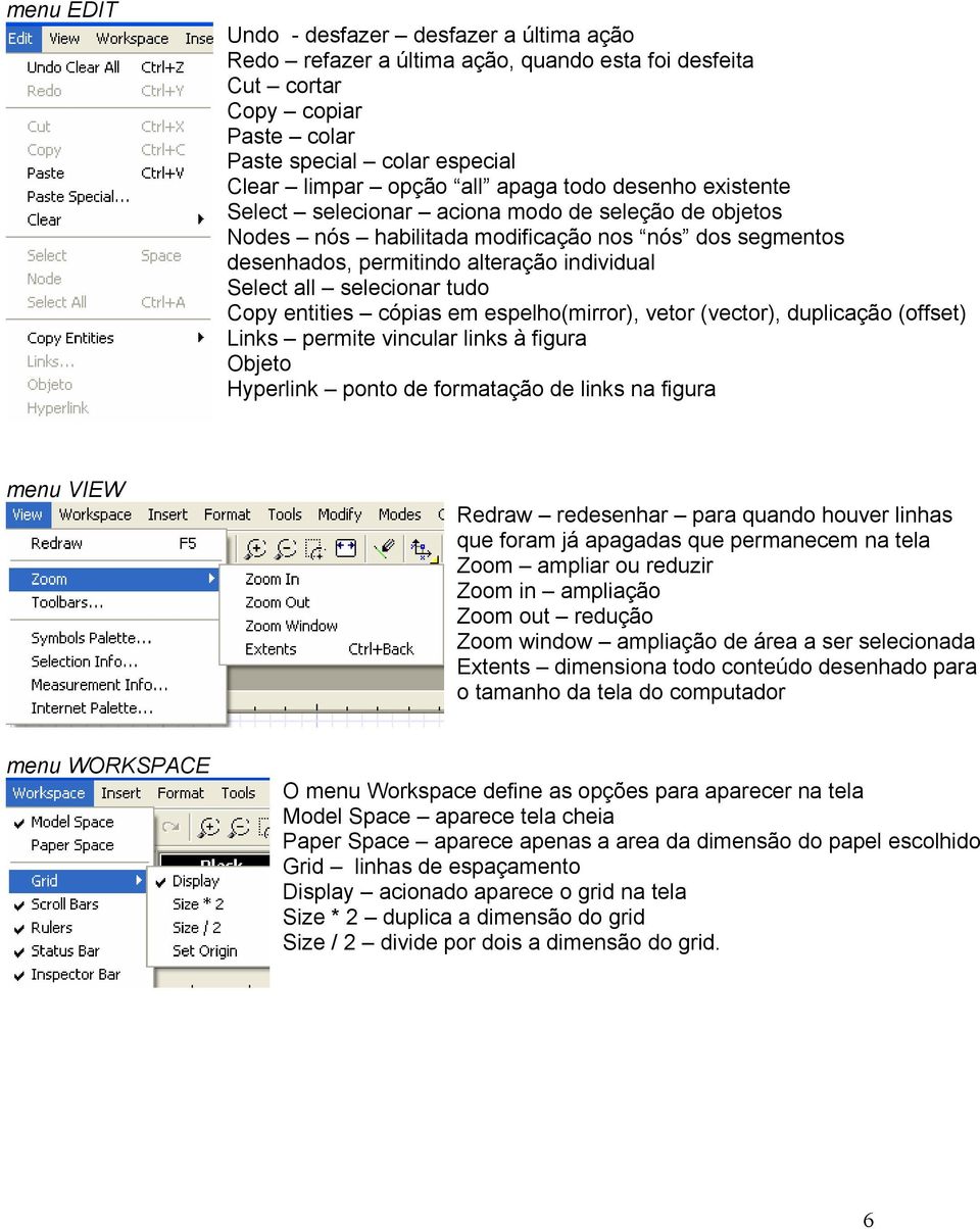 Copy entities cópias em espelho(mirror), vetor (vector), duplicação (offset) Links permite vincular links à figura Objeto Hyperlink ponto de formatação de links na figura menu VIEW Redraw redesenhar