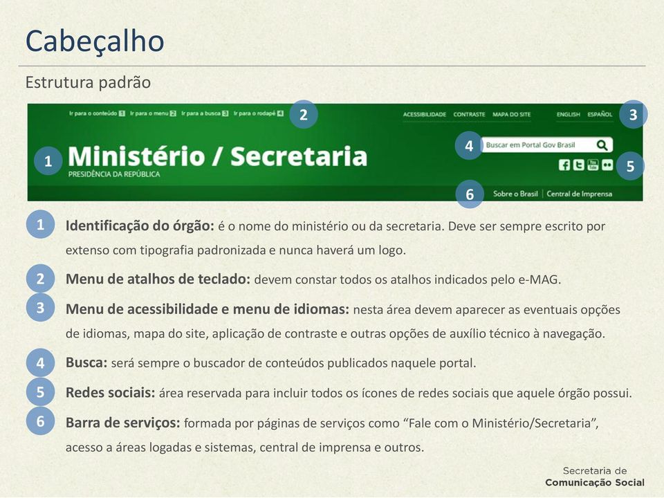 3 Menu de acessibilidade e menu de idiomas: nesta área devem aparecer as eventuais opções de idiomas, mapa do site, aplicação de contraste e outras opções de auxílio técnico à navegação.