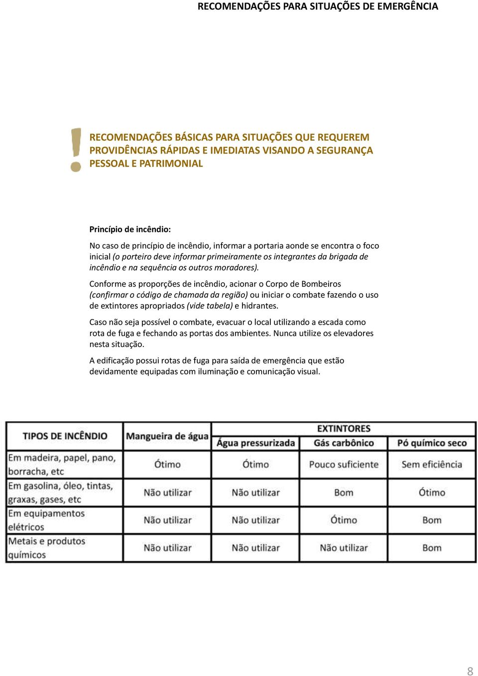 Conforme as proporções de incêndio, acionar o Corpo de Bombeiros (confirmar o código de chamada da região) ou iniciar o combate fazendo o uso de extintores apropriados (vide tabela) e hidrantes.