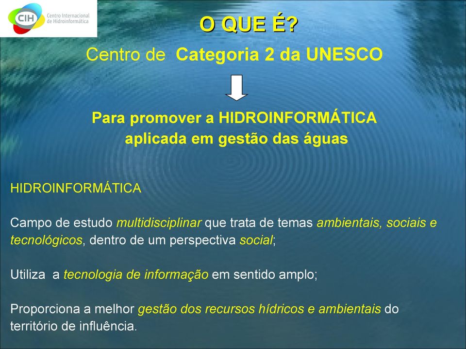 HIDROINFORMÁTICA Campo de estudo multidisciplinar que trata de temas ambientais, sociais e