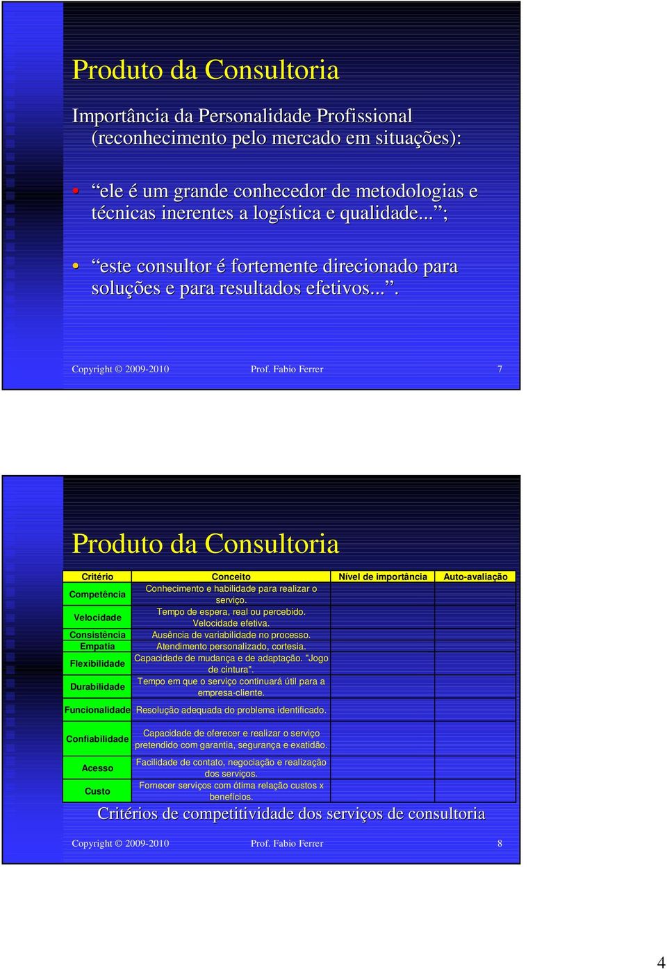 Fabio Ferrer 7 Produto da Consultoria Critério Conceito Nível de importância Auto-avaliação Competência Conhecimento e habilidade para realizar o serviço.