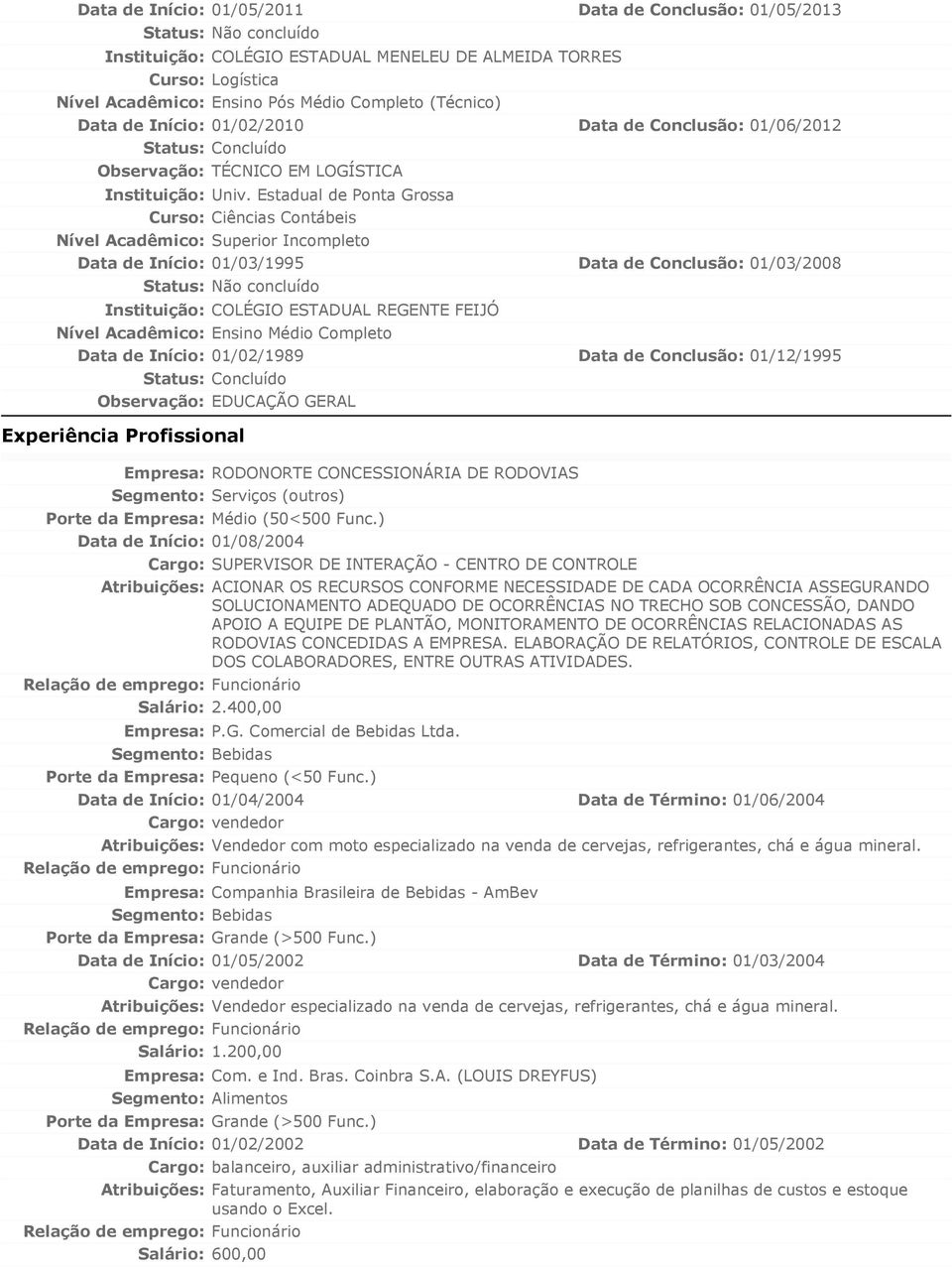 Estadual de Ponta Grossa Curso: Ciências Contábeis Nível Acadêmico: Superior Incompleto Data de Início: 01/03/1995 Data de Conclusão: 01/03/2008 Status: Não concluído Instituição: COLÉGIO ESTADUAL