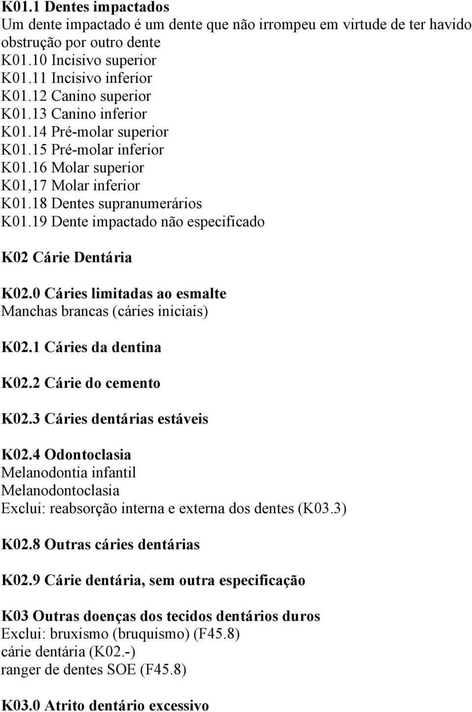 19 Dente impactado não especificado K02 Cárie Dentária K02.0 Cáries limitadas ao esmalte Manchas brancas (cáries iniciais) K02.1 Cáries da dentina K02.2 Cárie do cemento K02.