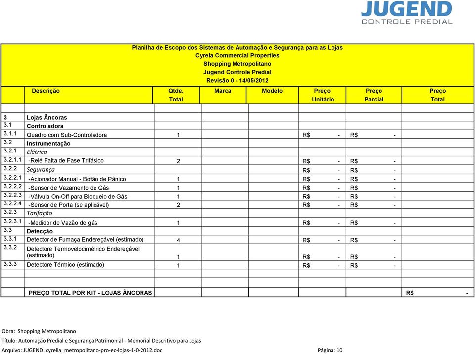 2.2 R$ - R$ - 3.2.2.1 -Acionador Manual - Botão de Pânico 1 R$ - R$ - 3.2.2.2 -Sensor de Vazamento de Gás 1 R$ - R$ - 3.2.2.3 -Válvula On-Off para Bloqueio de Gás 1 R$ - R$ - 3.2.2.4 -Sensor de Porta (se aplicável) 2 R$ - R$ - 3.