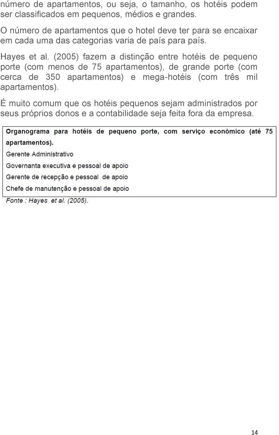 (2005) fazem a distinção entre hotéis de pequeno porte (com menos de 75 apartamentos), de grande porte (com cerca de 350 apartamentos)