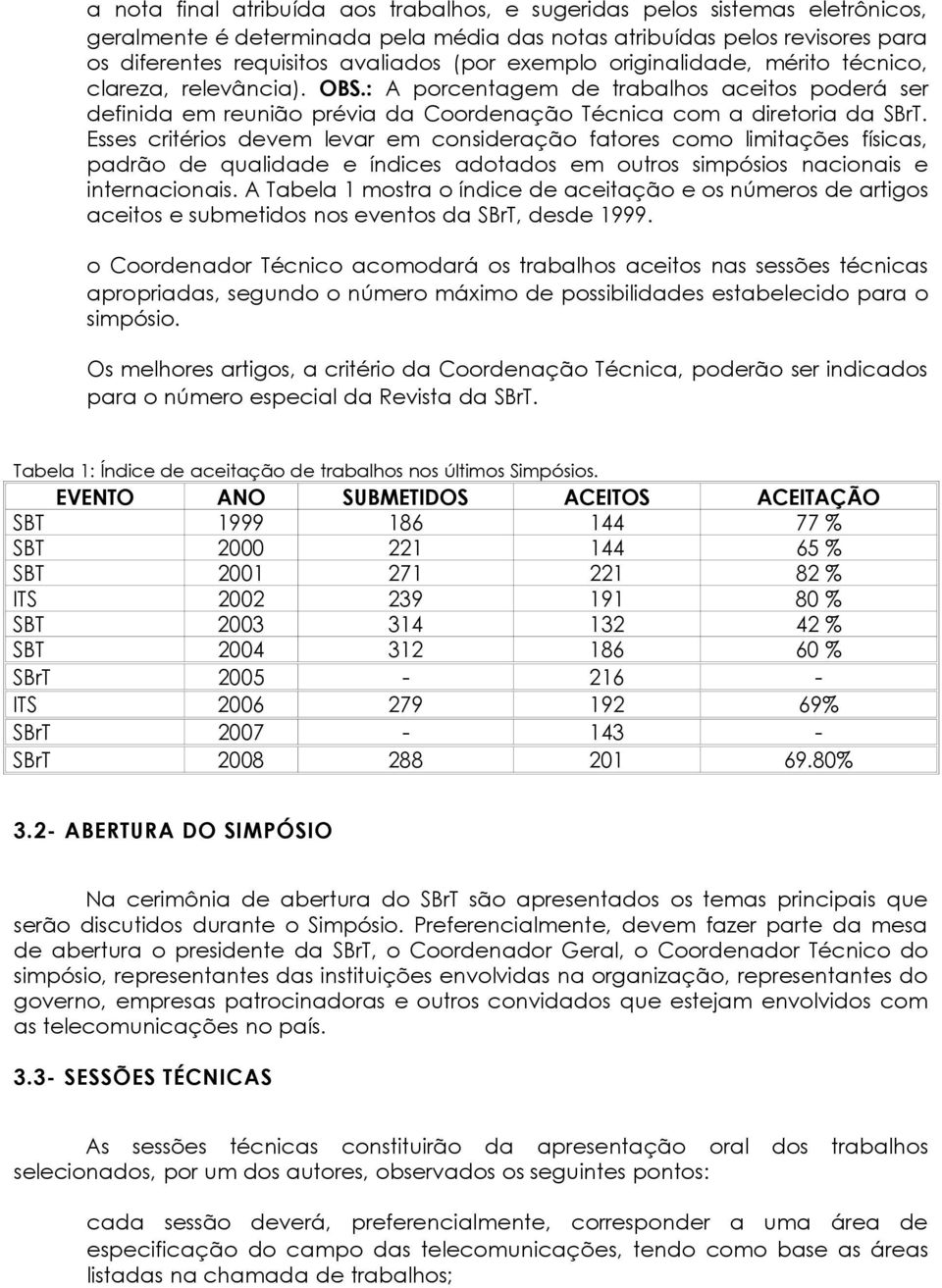 Esses critérios devem levar em consideração fatores como limitações físicas, padrão de qualidade e índices adotados em outros simpósios nacionais e internacionais.