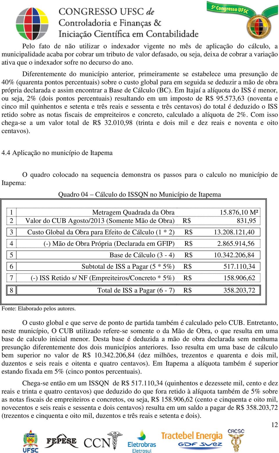 Diferentemente do município anterior, primeiramente se estabelece uma presunção de 40% (quarenta pontos percentuais) sobre o custo global para em seguida se deduzir a mão de obra própria declarada e