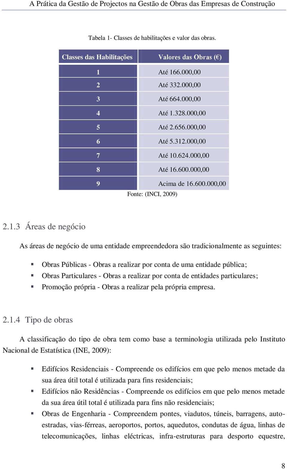 seguintes: Obras Públicas - Obras a realizar por conta de uma entidade pública; Obras Particulares - Obras a realizar por conta de entidades particulares; Promoção própria - Obras a realizar pela