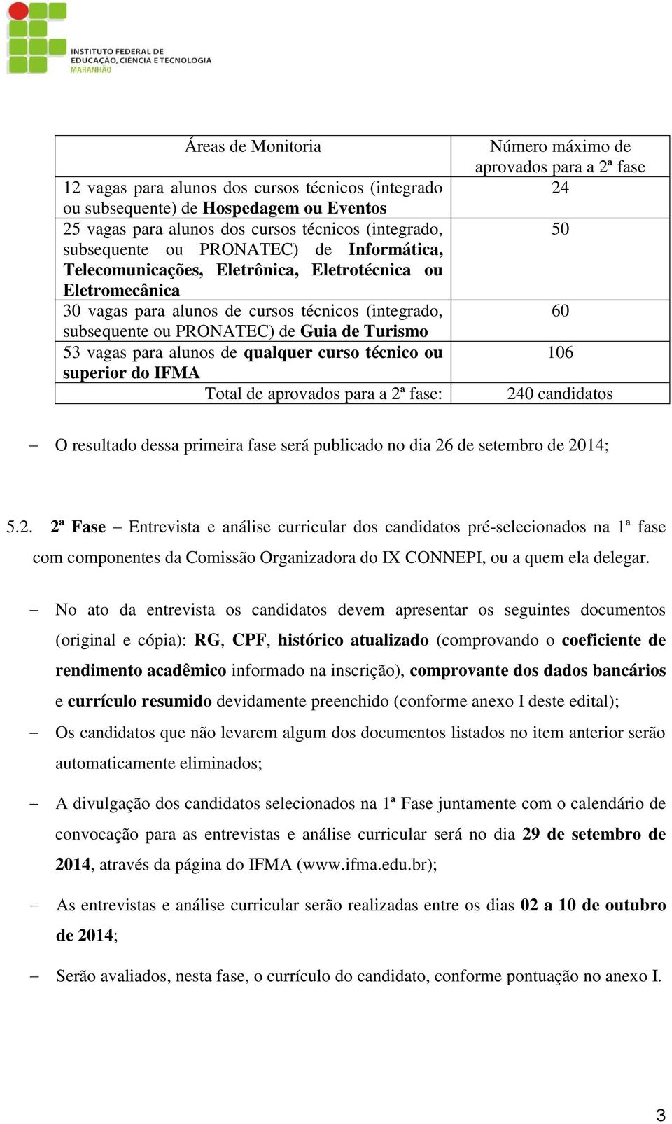 qualquer curso técnico ou superior do IFMA Total de aprovados para a 2ª fase: Número máximo de aprovados para a 2ª fase 24 50 60 106 240 candidatos O resultado dessa primeira fase será publicado no