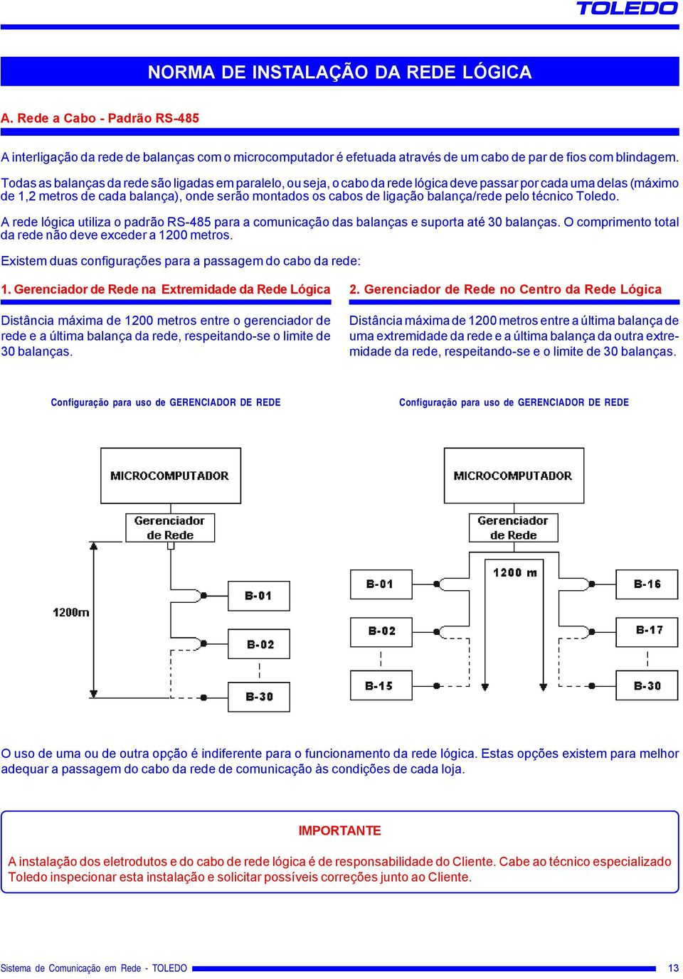 balança/rede pelo técnico Toledo. A rede lógica utiliza o padrão RS-485 para a comunicação das balanças e suporta até 30 balanças. O comprimento total da rede não deve exceder a 1200 metros.