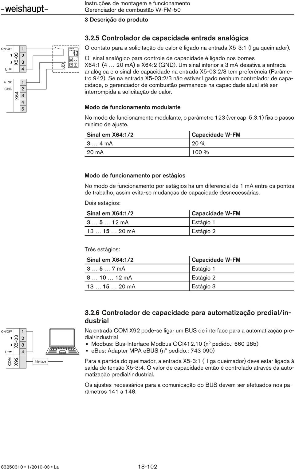 O snal analógco para controle de capacdade é lgado nos bornes X64:1 (4 20 ma) e X64:2 (GND).