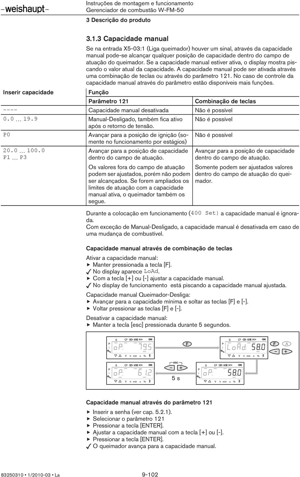 e a capacdade manual estver atva, o dsplay mostra pscando o valor atual da capacdade. A capacdade manual pode ser atvada através uma combnação de teclas ou através do parâmetro 121.