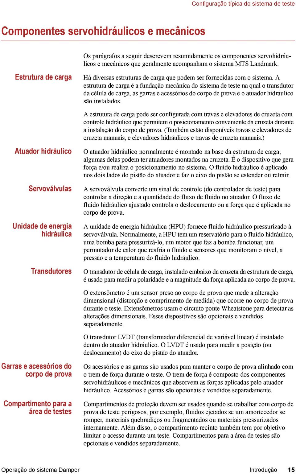 A estrutura de carga é a fundação mecânica do sistema de teste na qual o transdutor da célula de carga, as garras e acessórios do corpo de prova e o atuador hidráulico são instalados.