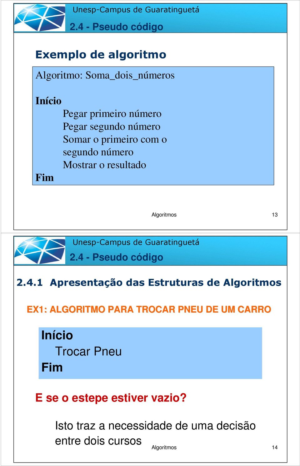 1 Apresentação das Estruturas de Algoritmos EX1: ALGORITMO PARA TROCAR PNEU DE UM CARRO