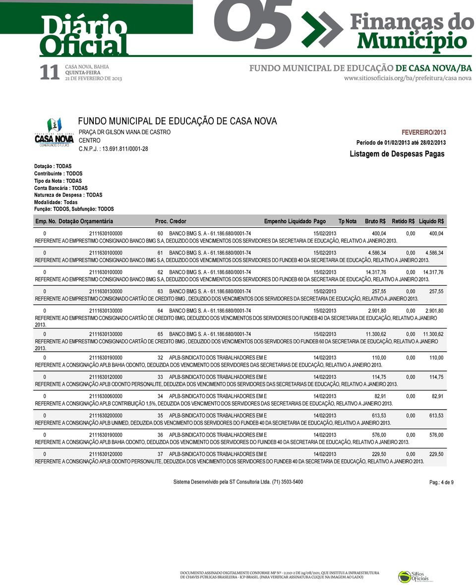 586,34 REFERENTE AO EMPRESTIMO CONSIGNADO BANCO BMG S.A, DEDUZIDO DOS VENCIMENTOS DOS SERVIDORES DO FUNDEB 40 DA SECRETARIA DE EDUCAÇÃO, RELATIVO A JANEIRO 2013. 0 2111630100000 62 BANCO BMG S.