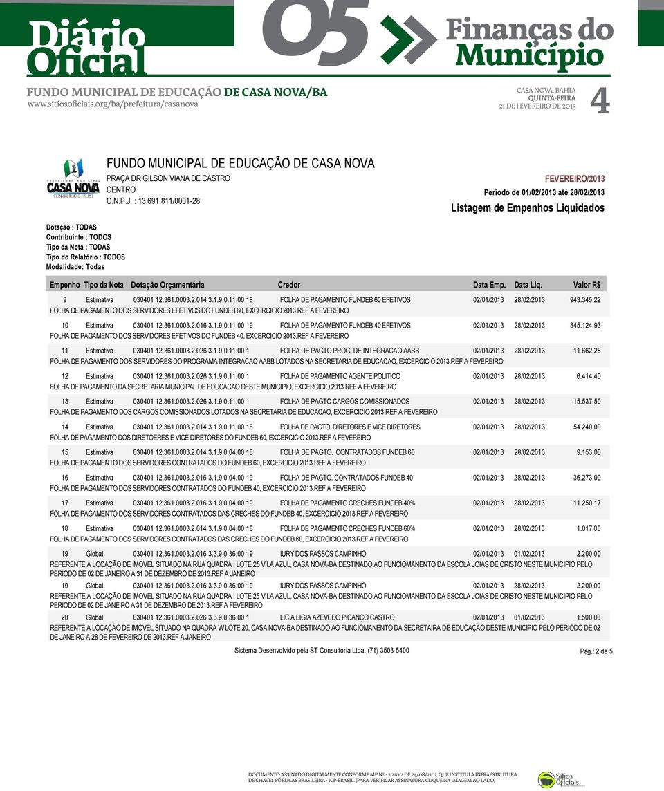 2.016 3.1.9.0.11.00 19 FOLHA DE PAGAMENTO FUNDEB 40 EFETIVOS 02/01/2013 28/02/2013 345.124,93 FOLHA DE PAGAMENTO DOS SERVIDORES EFETIVOS DO FUNDEB 40, EXCERCICIO 2013.