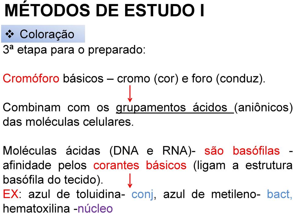 Moléculas ácidas (DNA e RNA)- são basófilas - afinidade pelos corantes básicos (ligam a