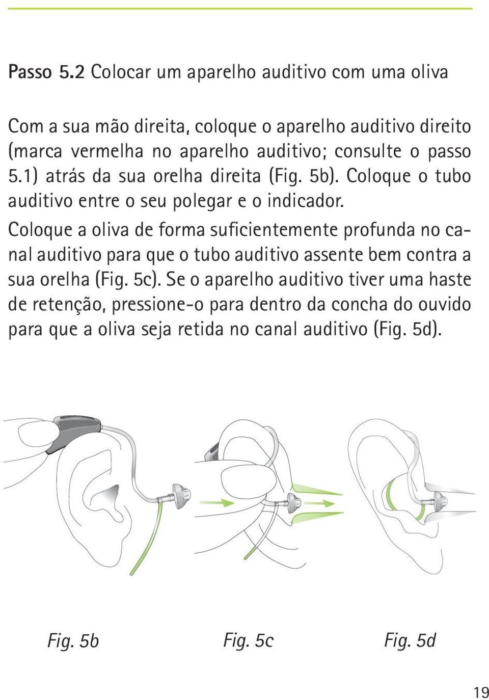 consulte o passo 5.1) atrás da sua orelha direita (Fig. 5b). Coloque o tubo auditivo entre o seu polegar e o indicador.