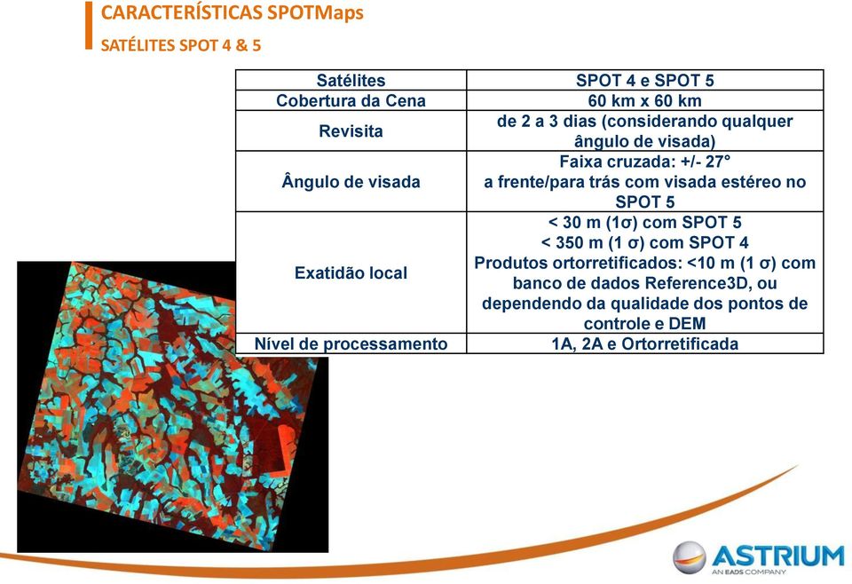 estéreo no SPOT 5 < 30 m (1σ) com SPOT 5 < 350 m (1 σ) com SPOT 4 Produtos ortorretificados: <10 m (1 σ) com Exatidão