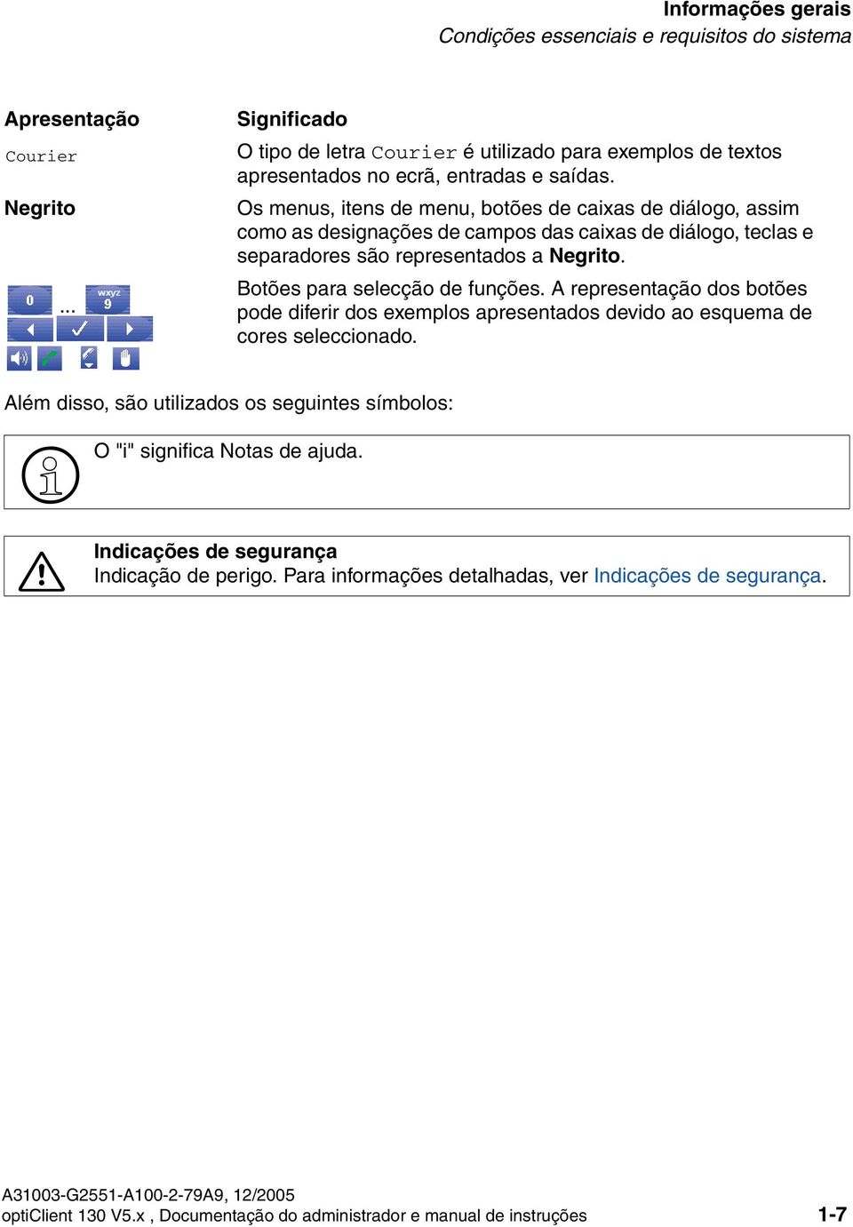 Os menus, itens de menu, botões de caixas de diálogo, assim como as designações de campos das caixas de diálogo, teclas e separadores são representados a Negrito. Botões para selecção de funções.