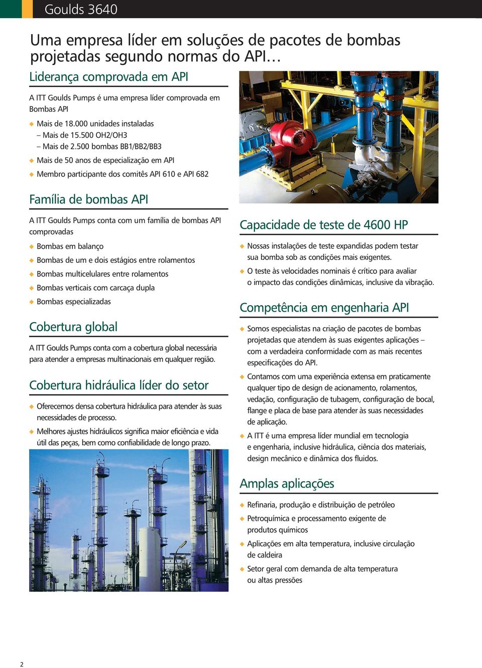 bombas BB1/BB2/BB3 Mais de 50 anos de especialização em API Membro participante dos comitês API 610 e API 682 Família de bombas API A ITT Goulds Pumps conta com um família de bombas API comprovadas