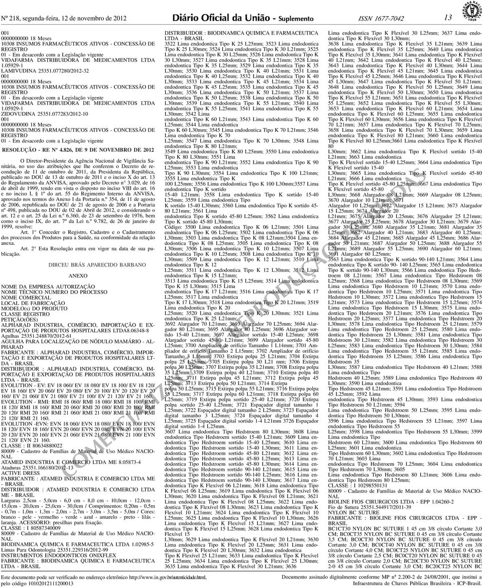 001 0000000000 18 Meses 10308 INSUMOS FARMACÊUTICOS ATIVOS - CONCESSÃO DE REGISTRO RESOLUÇÃO - RE Nº 4826, DE 9 DE NOVEMBRO DE 2012 O Diretor-Presidente da Agência Nacional de Vigilância Sanitária,