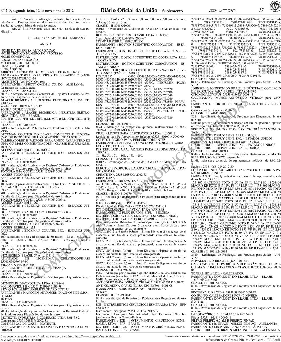 LOCAL DE FABRICAÇÃO MODELO(s) DO PRODU CLASSE REGISTRO PETIÇÃO(ÕES) ABBOTT LABORATÓRIOS DO BRASIL LTDA 801465-0 ANTICORPO TAL PARA VÍRUS DE HEPATITE C (ANTI- HCV)25351027831/ 01-24 ARCHITECT Anti-HCV