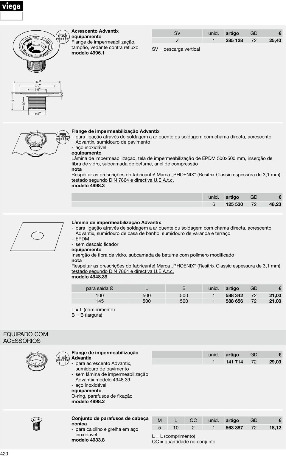 pavimento aço inoxidável Lâmina de impermeabilização, tela de impermeabilização de EPDM 500x500 mm, inserção de fibra de vidro, subcamada de betume, anel de compressão nota Respeitar as prescrições