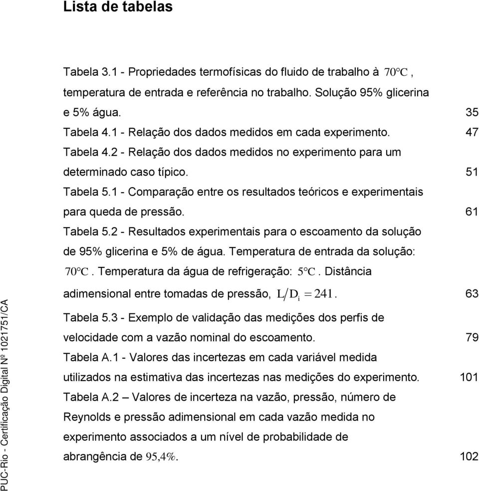 1 - Comparação entre os resultados teórcos e expermentas para queda de pressão. 61 Tabela 5.2 - Resultados expermentas para o escoamento da solução de 95% glcerna e 5% de água.