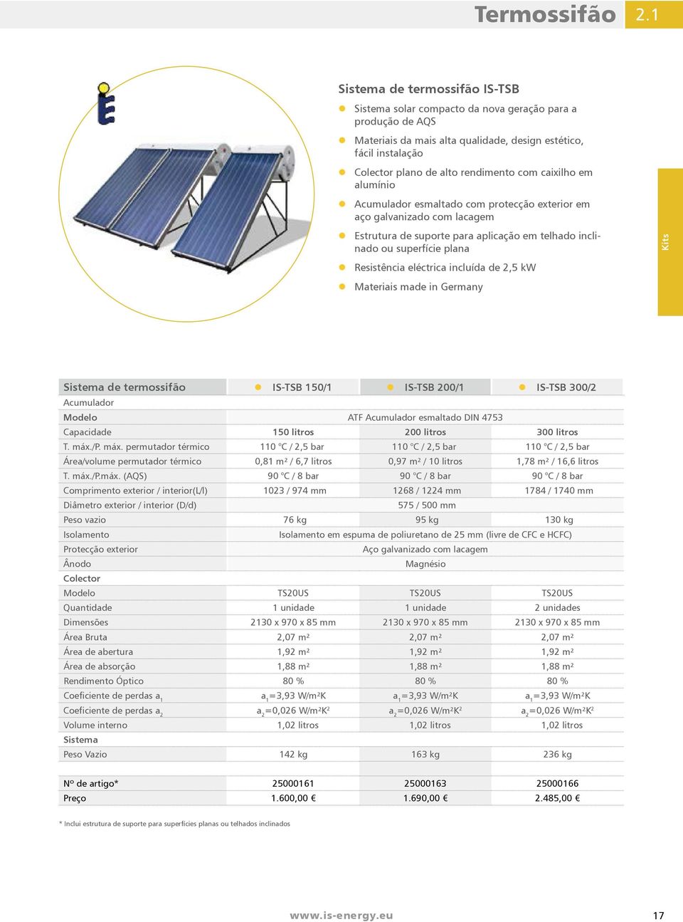 caixilho em alumínio Acumulador esmaltado com protecção exterior em aço galvanizado com lacagem Estrutura de suporte para aplicação em telhado inclinado ou superfície plana Resistência eléctrica