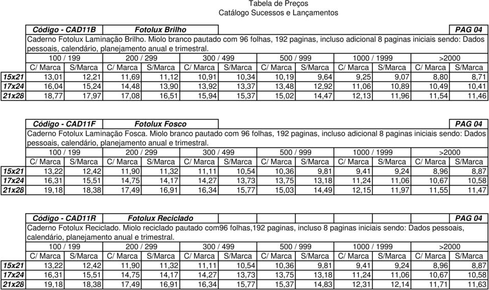 16,04 15,24 14,48 13,90 13,92 13,37 13,48 12,92 11,06 10,89 10,49 10,41 21x28 18,77 17,97 17,08 16,51 15,94 15,37 15,02 14,47 12,13 11,96 11,54 11,46 Código - CAD11F Fotolux Fosco PAG 04 Caderno