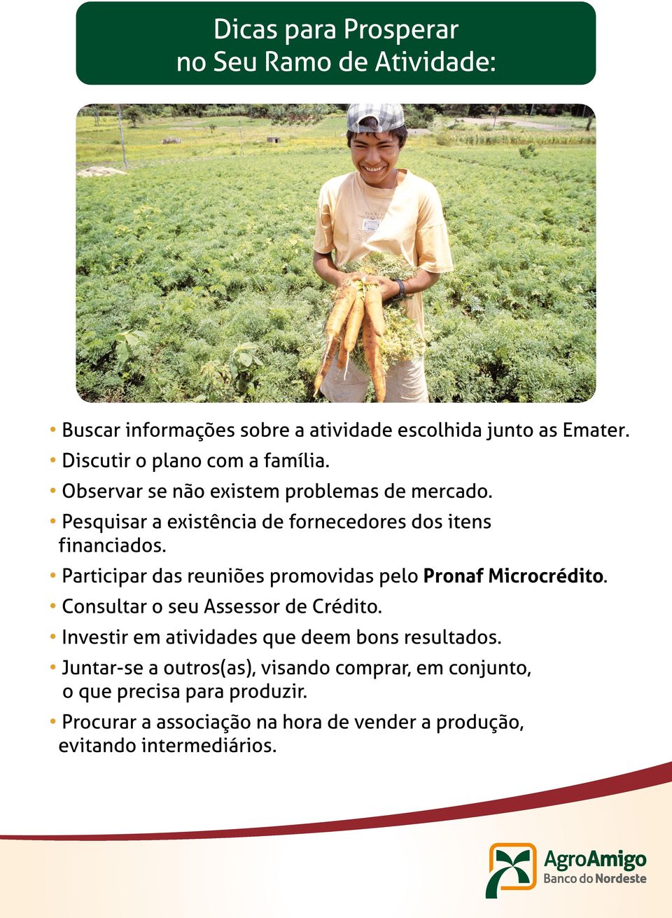 Participar das reuniões promovidas pelo Pronaf Microcrédito. Consultar o seu Assessor de Crédito.