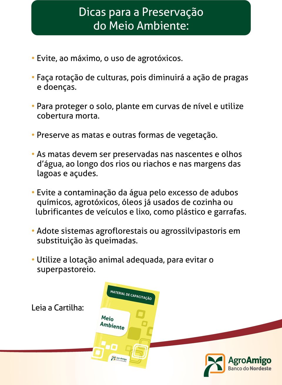 As matas devem ser preservadas nas nascentes e olhos d água, ao longo dos rios ou riachos e nas margens das lagoas e açudes.