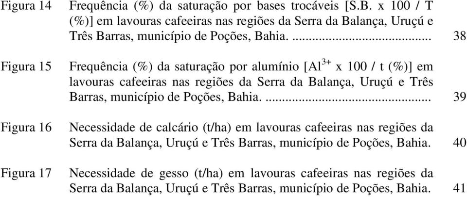 ... 38 Frequência (%) da saturação por alumínio [Al 3+ x 100 / t (%)] em lavouras cafeeiras nas regiões da Serra da Balança, Uruçú e Três Barras, município de