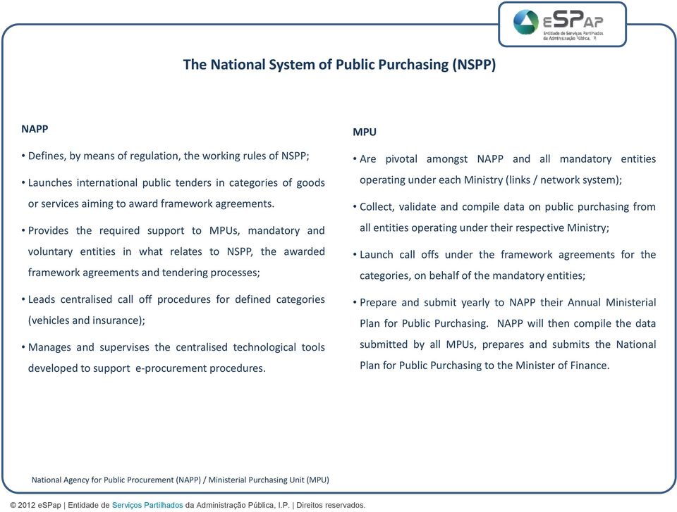 Provides the required support to MPUs, mandatory and voluntary entities in what relates to NSPP, the awarded framework agreements and tendering processes; Leads centralised call off procedures for