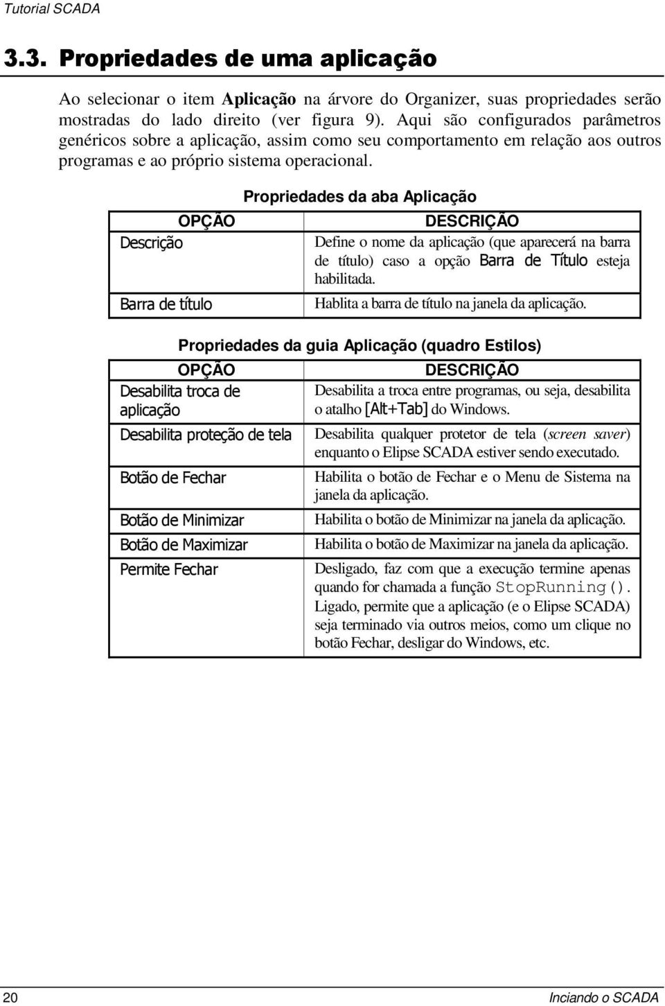 ? Propriedades da aba Aplicação DESCRIÇÃO Define o nome da aplicação (que aparecerá na barra de título) caso a opção? esteja habilitada. Hablita a barra de título na janela da aplicação.