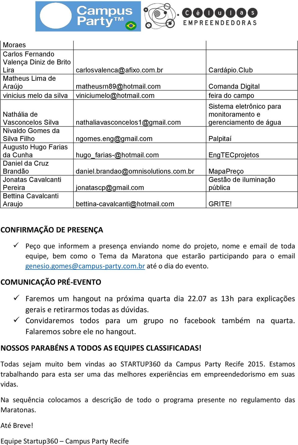 com Palpitaí Augusto Hugo Farias da Cunha hugo_farias-@hotmail.com EngTECprojetos Daniel da Cruz Brandão daniel.brandao@omnisolutions.com.br MapaPreço Jonatas Cavalcanti Pereira jonatascp@gmail.