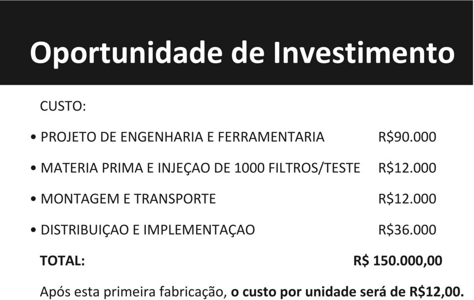 DISTRIBUIÇAO E IMPLEMENTAÇAO R$90.000 R$12.000 R$12.000 R$36.