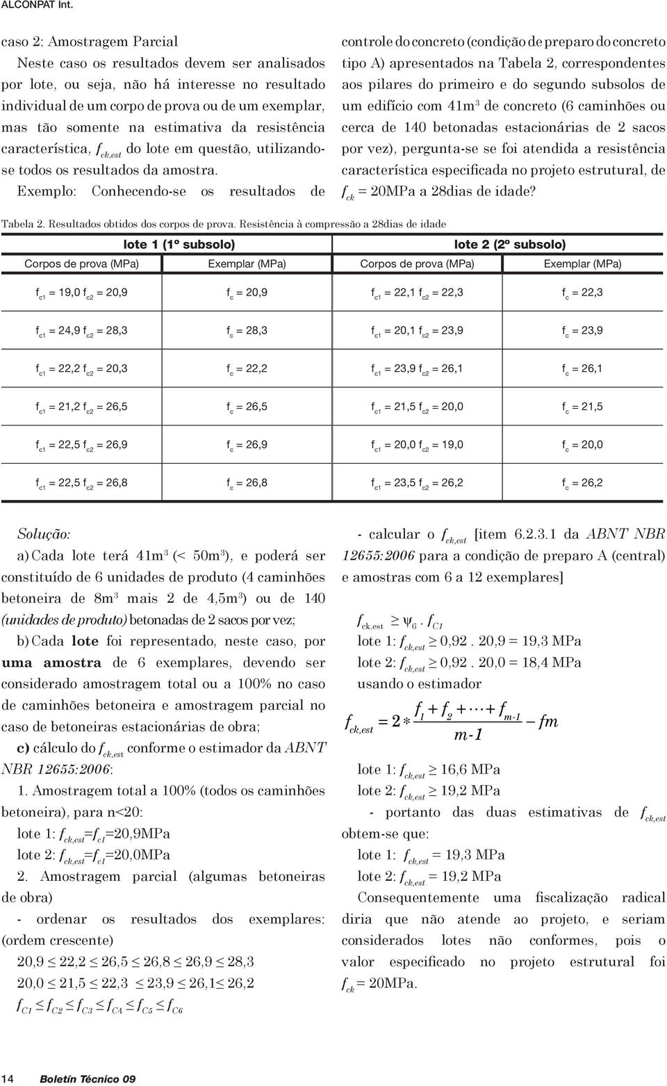 estimativa da resistência característica, f ck,est do lote em questão, utilizandose todos os resultados da amostra.