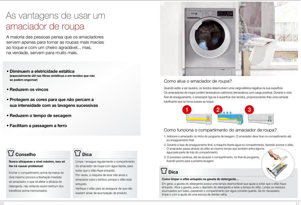 Diminuem a eletricidade estática (especialmente útil nas fibras sintéticas e em tecidos que não se podem engomar) Reduzem os vincos Protegem as cores para que não percam a sua intensidade com as