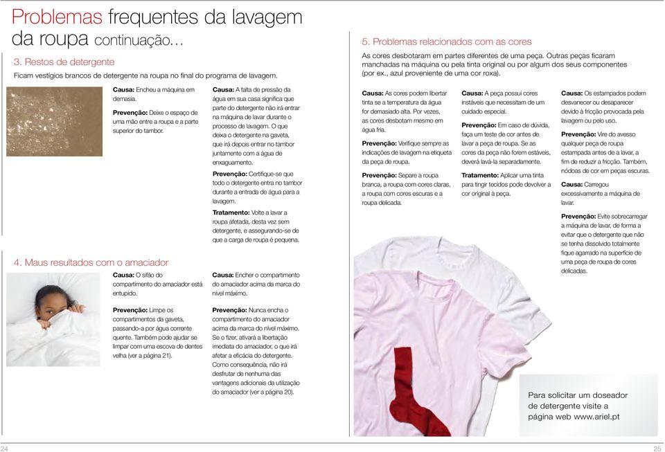 , azul proveniente de uma cor roxa). Causa: Encheu a máquina em demasia. Prevenção: Deixe o espaço de uma mão entre a roupa e a parte superior do tambor. 4.