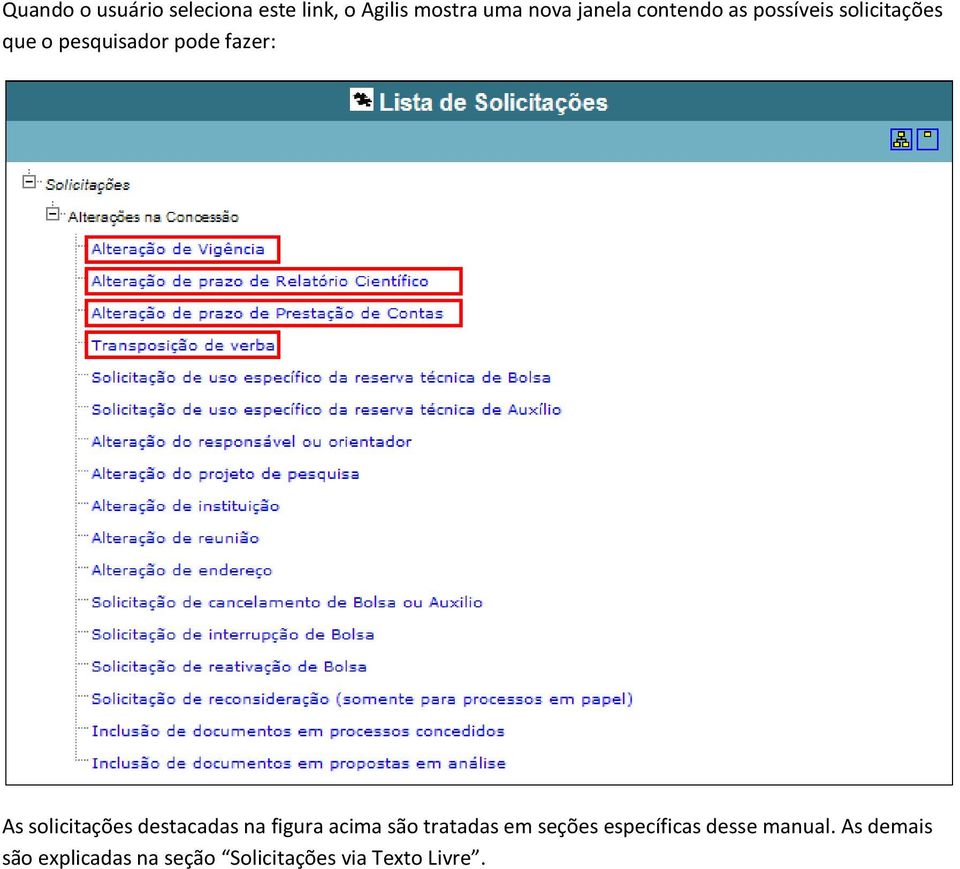 solicitações destacadas na figura acima são tratadas em seções
