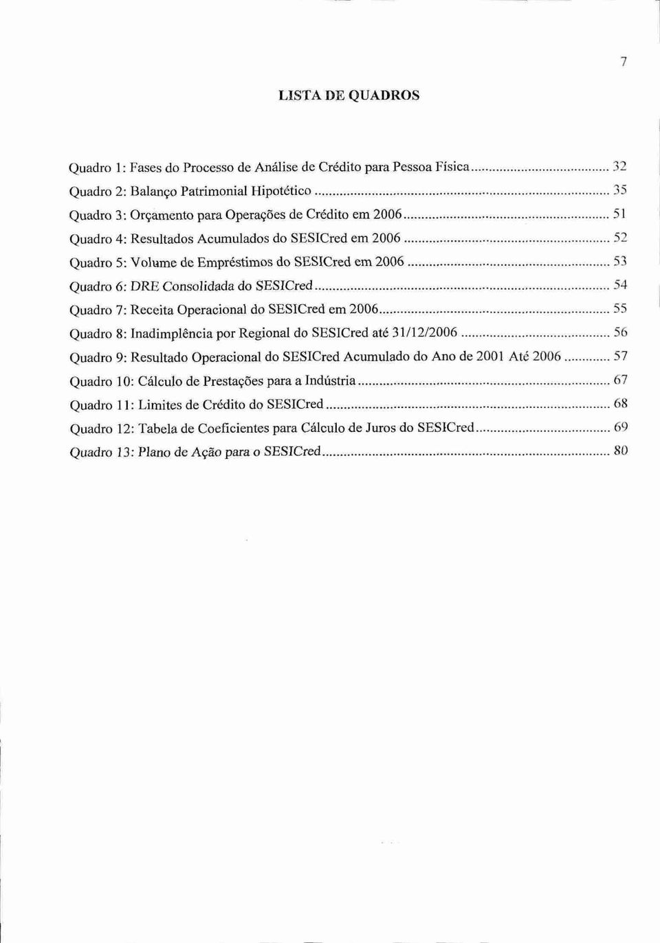 Operacional do SESICred em 2006 55 Quadro 8: Inadimplencia por Regional do SESICred até 31/12/2006 56 Quadro 9: Resultado Operacional do SESICred Acumulado do Ano de 2001 Ate 2006 Quadro