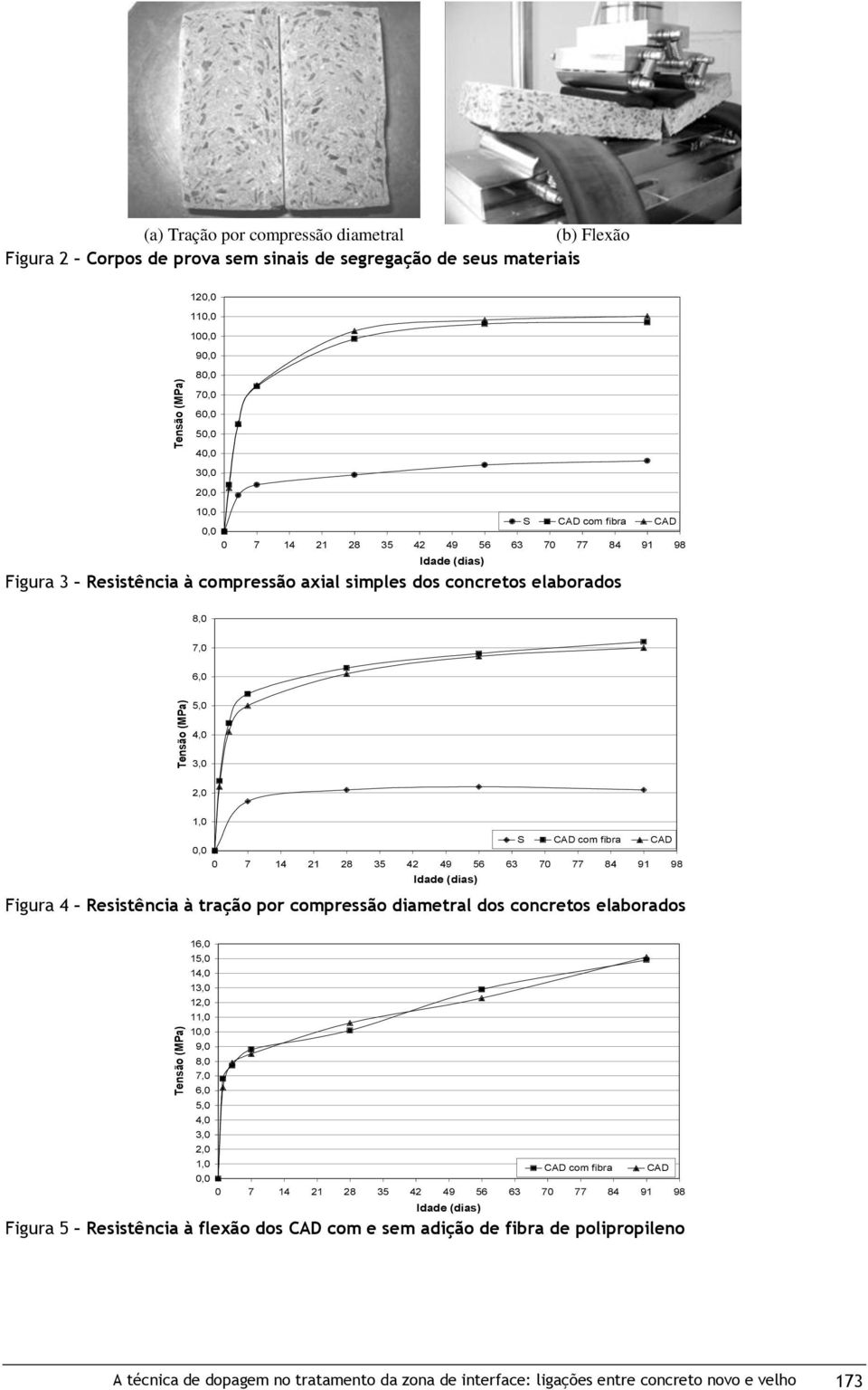 2,0 1,0 S CAD com fibra CAD 0,0 0 7 14 21 28 35 42 49 56 63 70 77 84 91 98 Idade (dias) Figura 4 Resistência à tração por compressão diametral dos concretos elaborados 16,0 15,0 14,0 13,0 12,0 11,0