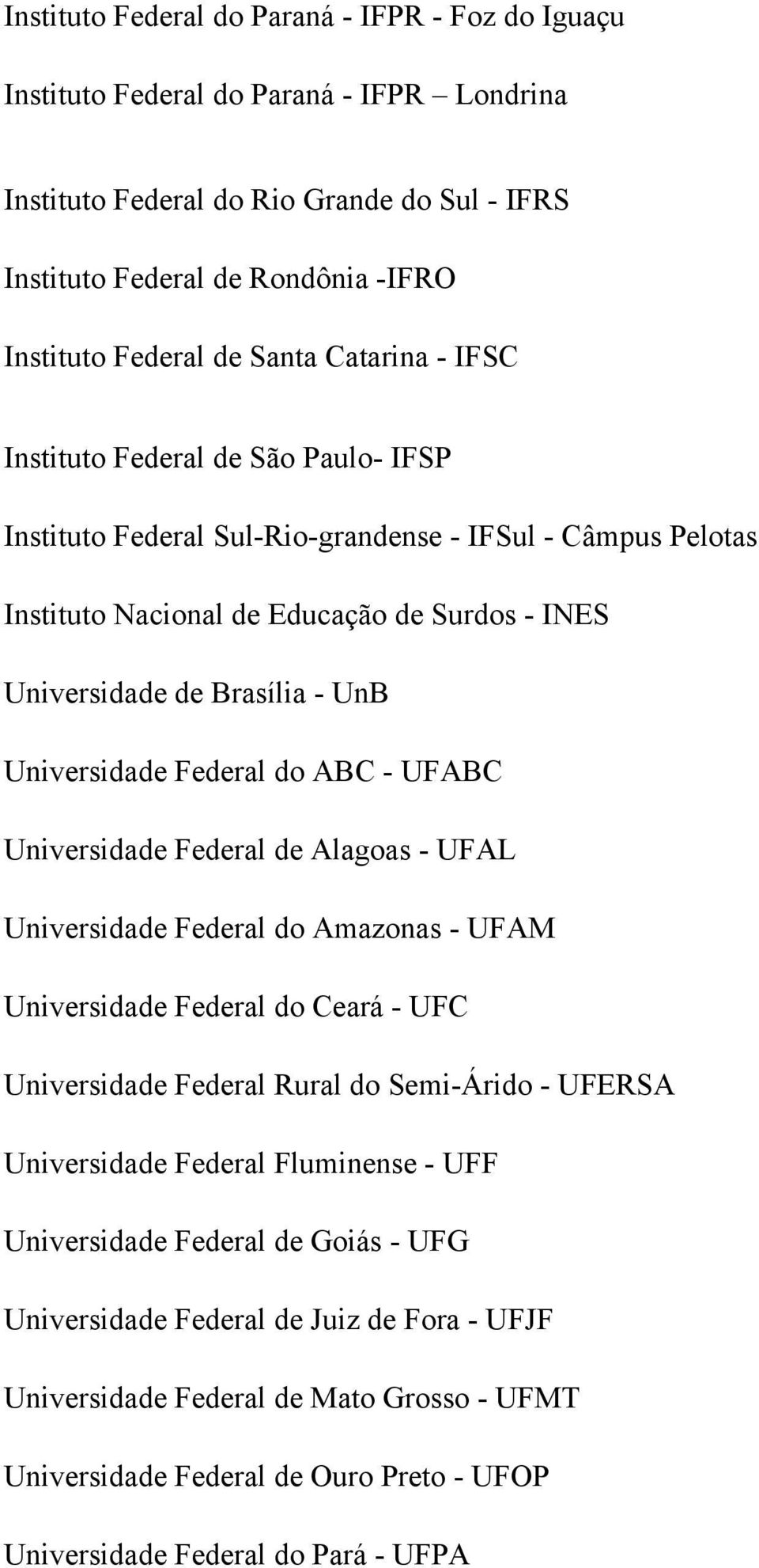 Universidade Federal do ABC - UFABC Universidade Federal de Alagoas - UFAL Universidade Federal do Amazonas - UFAM Universidade Federal do Ceará - UFC Universidade Federal Rural do Semi-Árido -