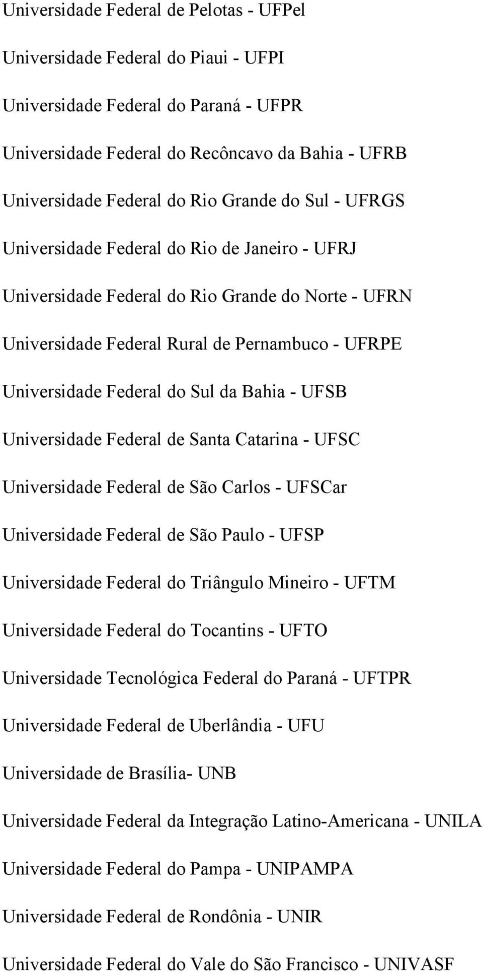 UFSB Universidade Federal de Santa Catarina - UFSC Universidade Federal de São Carlos - UFSCar Universidade Federal de São Paulo - UFSP Universidade Federal do Triângulo Mineiro - UFTM Universidade