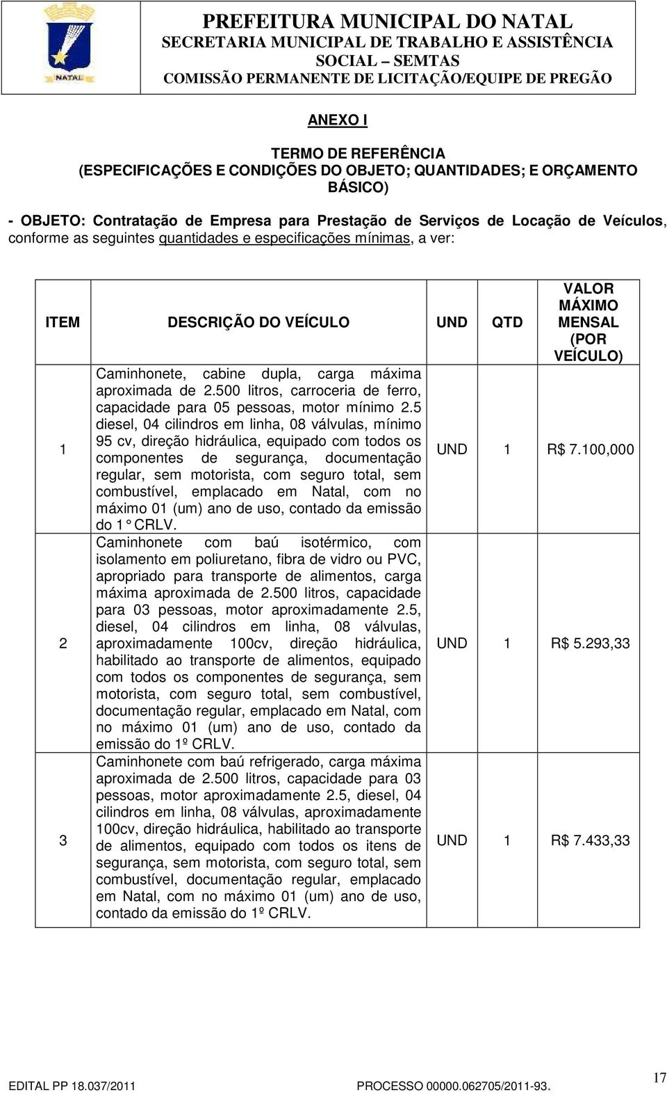 500 litros, carroceria de ferro, capacidade para 05 pessoas, motor mínimo 2.