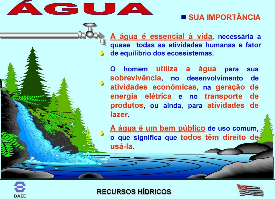 O homem utiliza a água para sua sobrevivência, no desenvolvimento de atividades econômicas, na geração de