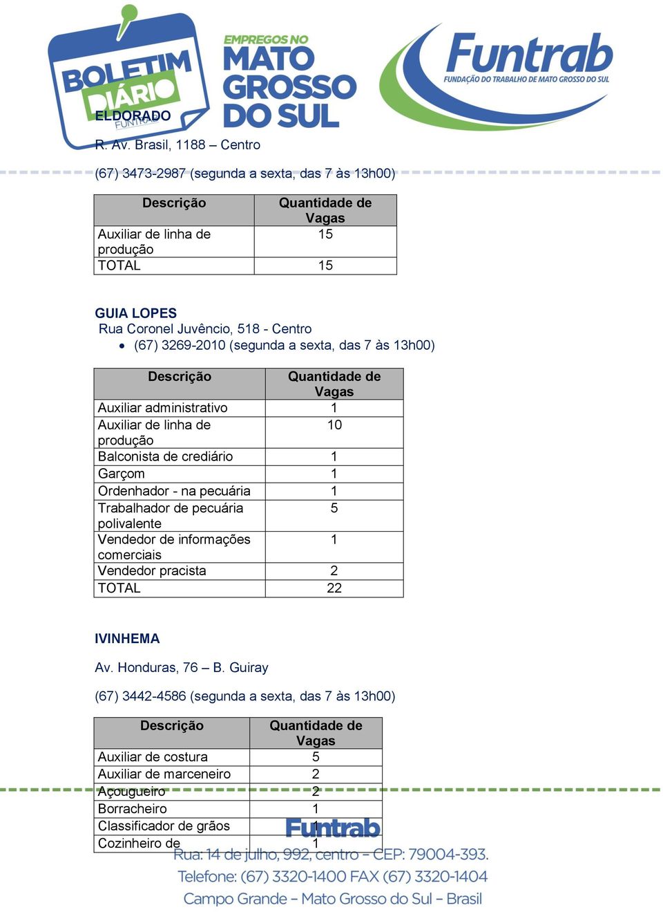 (67) 369-00 (segunda a sexta, das 7 às 3h00) Auxiliar administrativo Auxiliar de linha de 0 produção Balconista de crediário Garçom Ordenhador - na